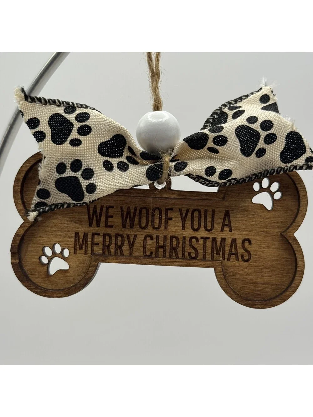 Dog Bone Wooden Ornament Handmade Paw Print Dog Puppy Love Christmas Xmas Ribbon